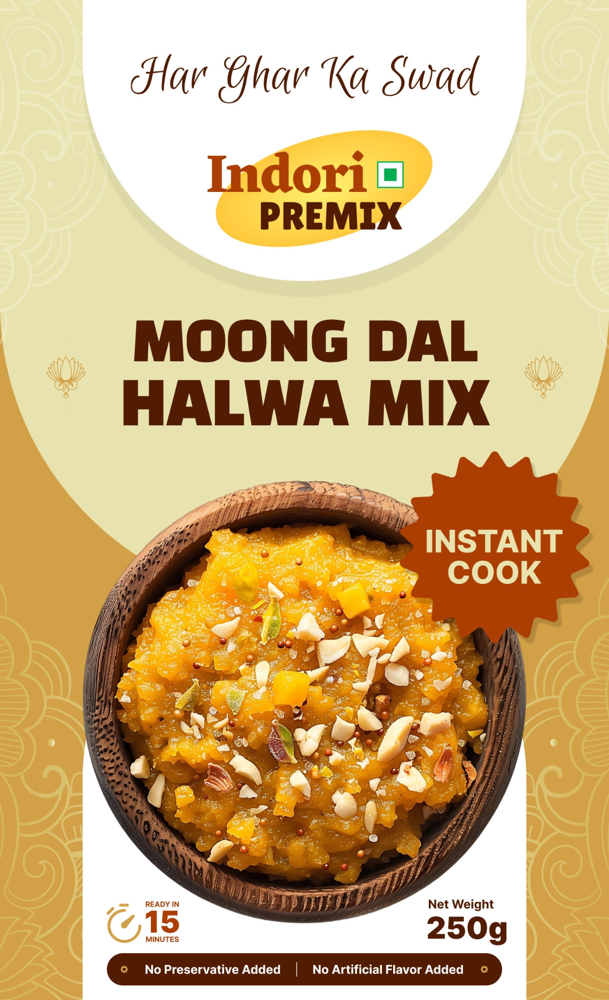 Front packaging of Indori Premix Moong Dal Halwa Mix